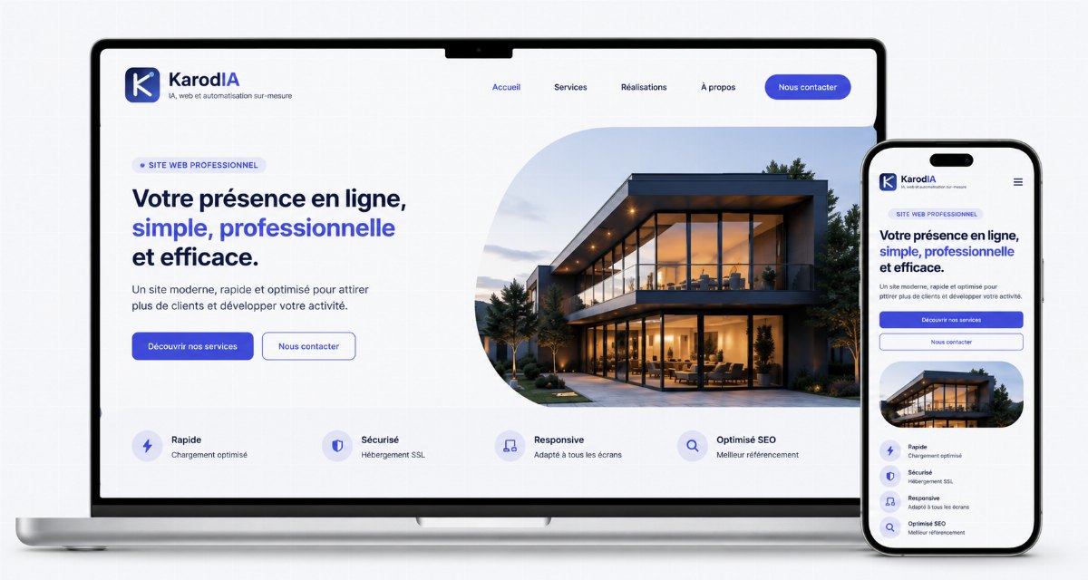 Aperçu d'un site professionnel KarodIA sur ordinateur et mobile